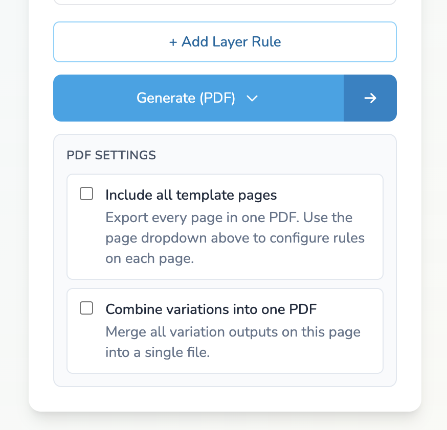 PDF settings panel with combined PDF options