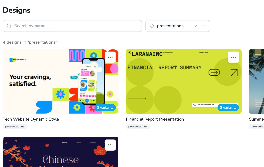 Dashboard search and tag filter above the designs grid